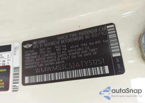 2010 Mini Cooper S из США, поврежденный, VIN WMWMS3C52ATY51251